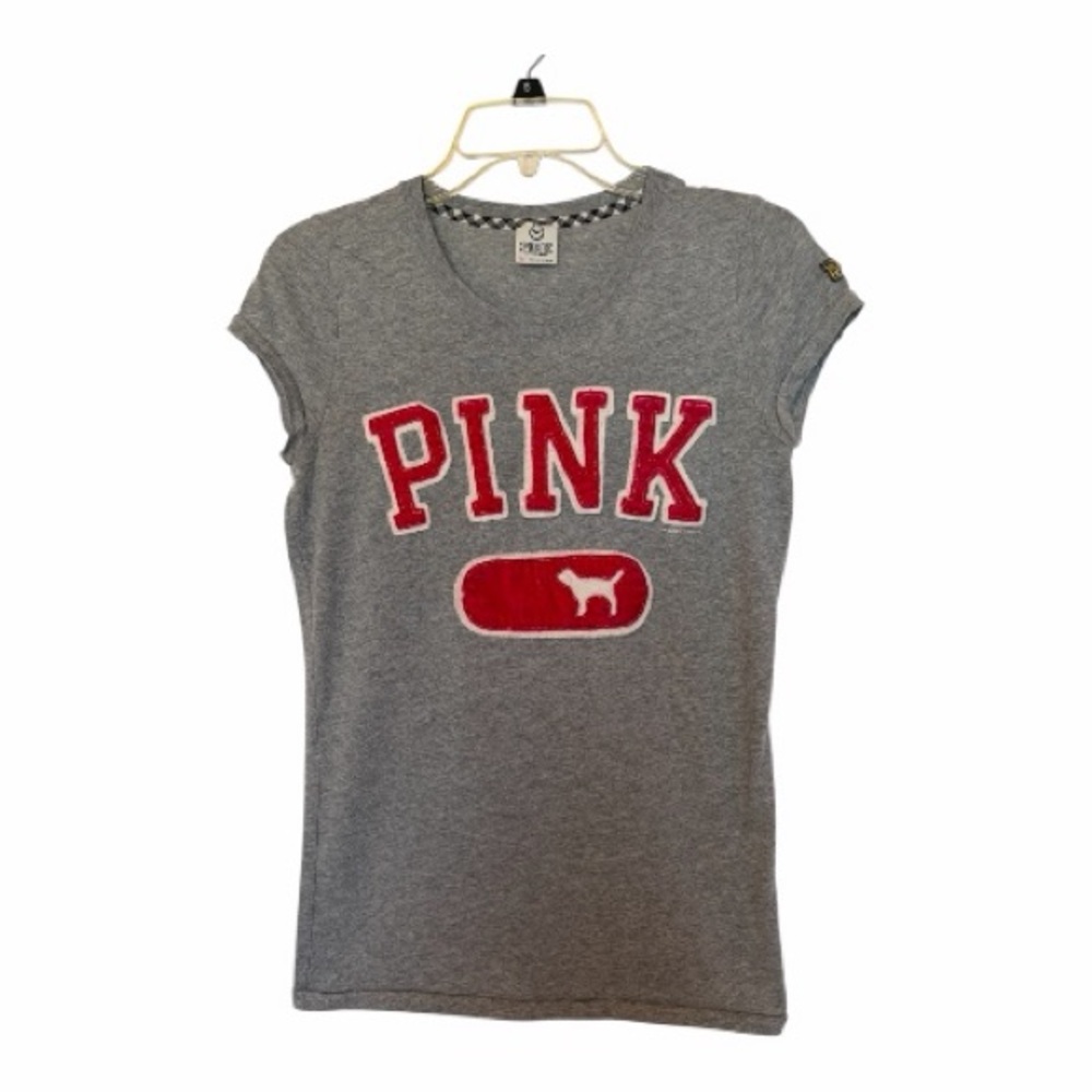 PINK Victoria's Secret Vintage Gray/Pink Velvet 3D Collegiate Letter Tee‎